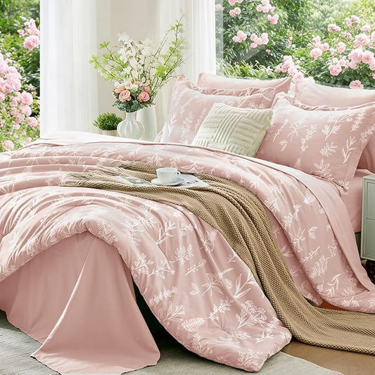 MUXHOMO Cameo Pink Bed in a Bag Queen 7 Pieces, Queen Comforter Set Reversible Botanical Flowers Design, Ultra Soft & Breathable Bedding Sets with Comforter, Sheets, Pillowcases & Shams