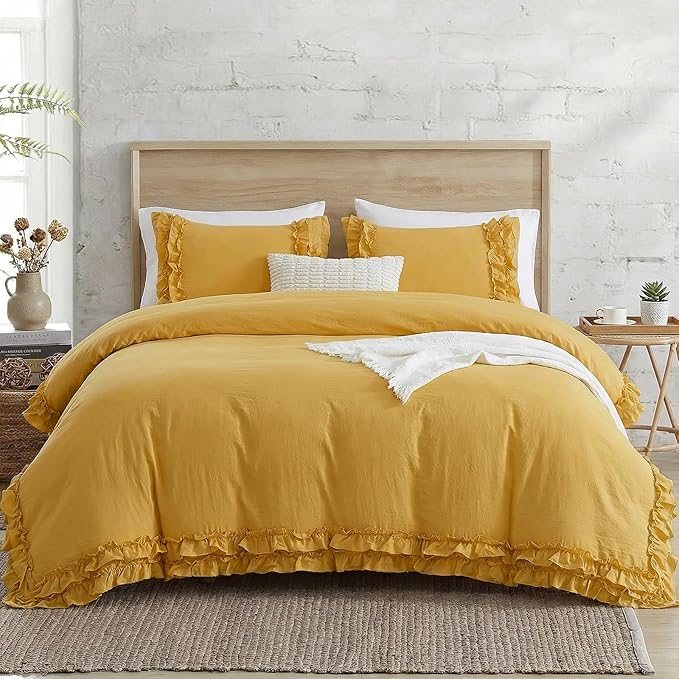 Bedorm Ginger Yellow Bedding Set Queen Ruffle Duvet Cover Super Soft Cozy Washed Microfiber Bedding Shabby Chic Coquette Decor Farmhouse Boho Duvet Cover Set