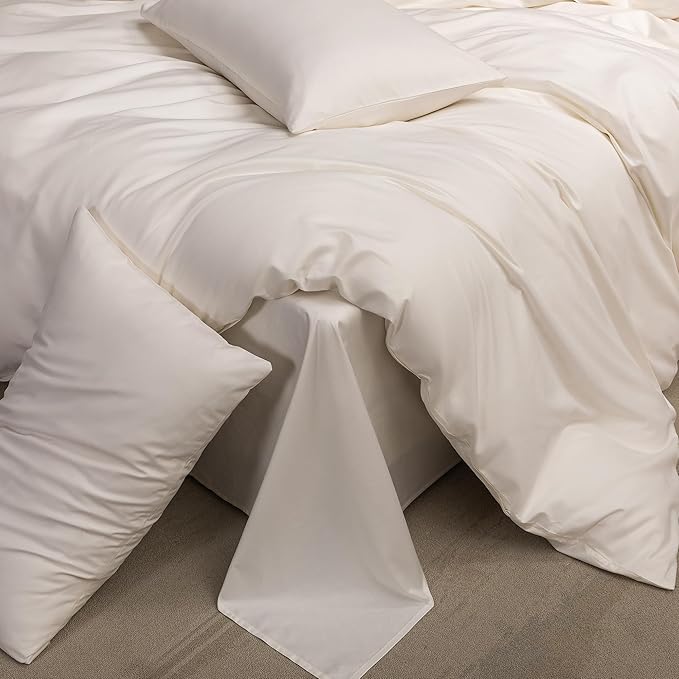 MooMee Queen Duvet Cover Set, 100% Extra Long Staple Cotton 600 Thread Count Sateen Silky Soft Breathable Durable Luxury Hotel Quality Bedding Set, 3 Pieces (Creamy White, Queen 90"x90")