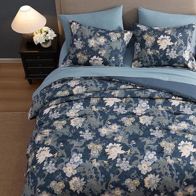 Queen Comforter Set -7 Pieces Floral Antique Blue Comforter Set for All Seasons, Bed in a Bag Queen with Botanical Flowers Comforter, Sheets, Pillowcases & Shams