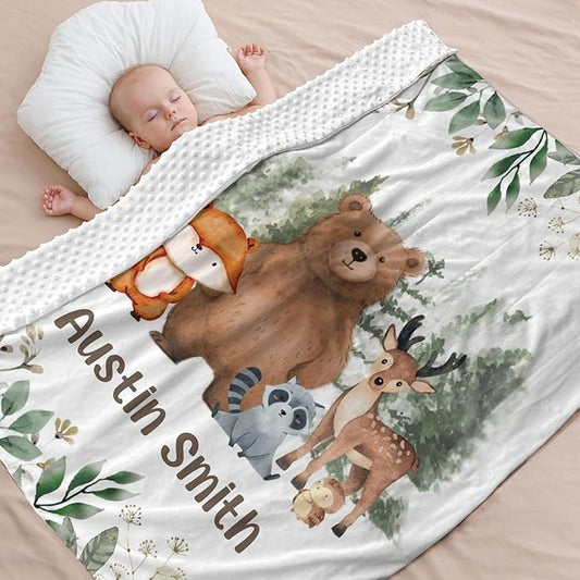 Personalized Baby Blankets for Boys Girls, Baby Blanket for Boys with Name, Soft Plush Receiving for Newborns, Little One- Animals Woodland 35x45 Inches