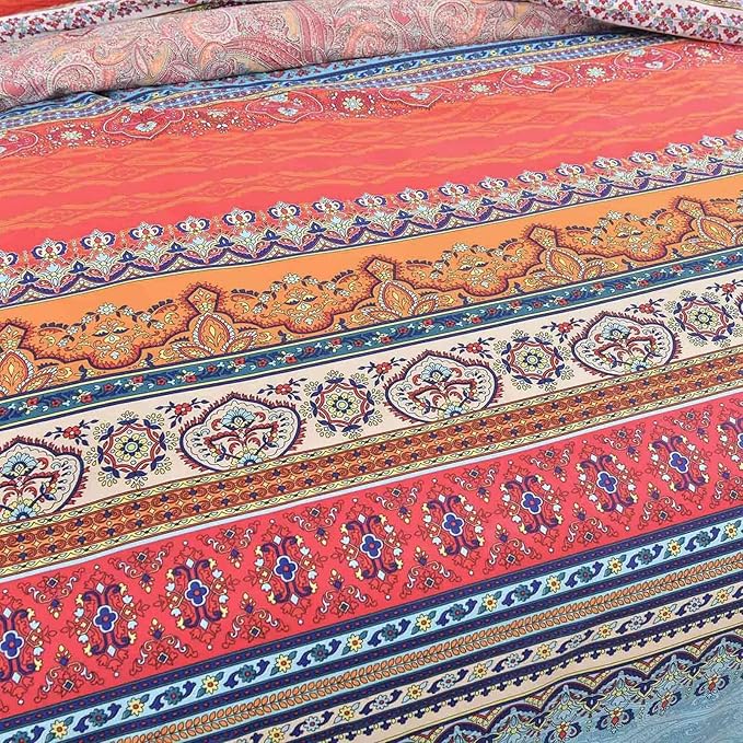 Nanko Twin XL Size Duvet Cover Set Boho Red Blue Colorful Retro Striped Print Luxury Soft Microfiber Bedding Comforter Cover with Zipper Ties - Bohemian Western Bed Sets for Men and Women 2pcs 68 x 90