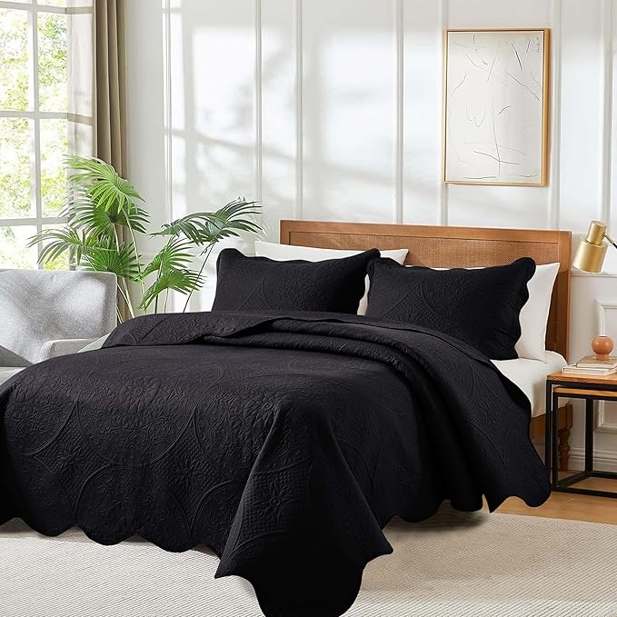 MOONLIGHT20015 8 Pack Quilt King Size Bedding (106" x 96") - Bulk Wholesale for Hotels, Guest Bedroom & Airbnbs - Lightweight Microfiber Reversible Floral Embossed Quilts Bedspreads (Black)