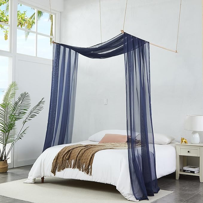 Warm Home Designs Set of 2 White & Navy Blue Canopy Bed Curtains in 55 x 104 Inch Size. 2 Twin Bed Canopy Curtains Can Be Turned Into Kids Bed Tent or Bed Canopy for Girls. BE White & Navy 104"