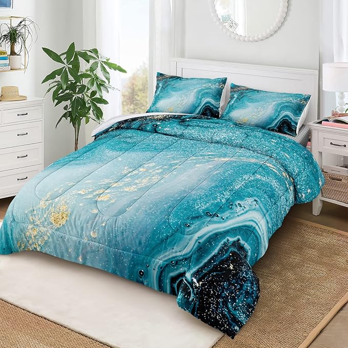 Bedbay Blue Marble Comforter King Size Blue and Gold Marble Bedding Set for Women Adults Western Bedroom Decor Aesthetic Watercolor Quilt Set 3 Pcs Soft Microfiber Duvet Set