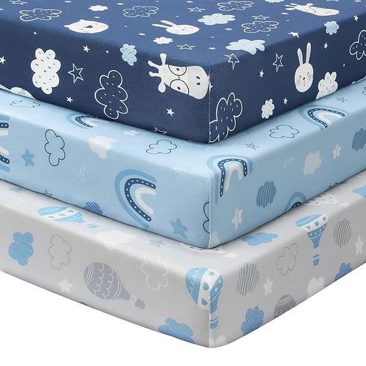 Baby Mini Crib Sheets Boy, Portable 38”x26” Pack and Play Sheets Fitted for Playard and Pack N Play Mattress, 3-Pack Soft Microfiber Blue Cloud Animals