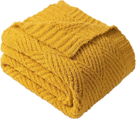 Battilo Yellow Diamond Knit Throw Blanket for Couch and Bed, Soft Textured Chenille Blanket, Cozy Lightweight Decorative Blanket for Sofa, 50"x60"