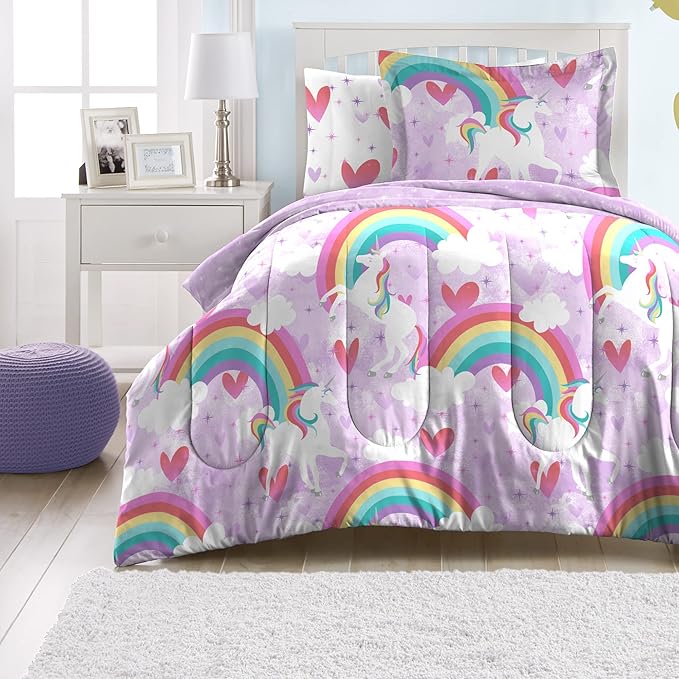 dream FACTORY Kids 7-Piece Complete Set Easy-Wash Super Soft Microfiber Comforter Bedding, Full, Purple Unicorn Rainbow