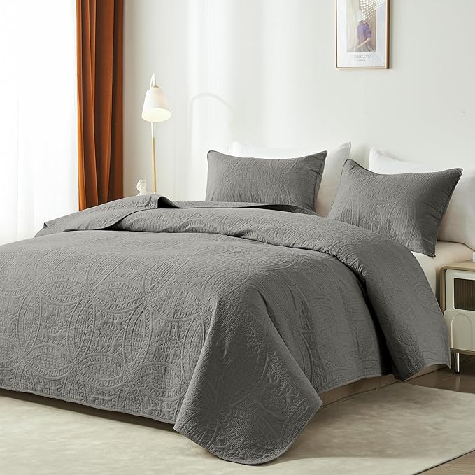 akkialla Dark Grey Twin Quilt Set, Ultrasonic Lightweight Bedspread Coverlet for Modern Minimalist Bedroom, Soft Microfiber Coin Pattern Bedding, 2-Piece (1 Quilt, 1 Pillow Sham) | Breathable fabric