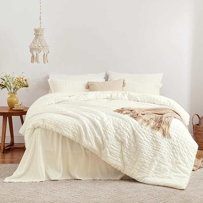 Love's cabin Seersucker Ivory Twin Comforter Set, 5-Piece All Season Lightweight Bed in a Bag Bedding Set with Comforter, Flat Sheet, Fitted Sheet, Pillowcase and Sham | Soft, Breathable, Lightweight