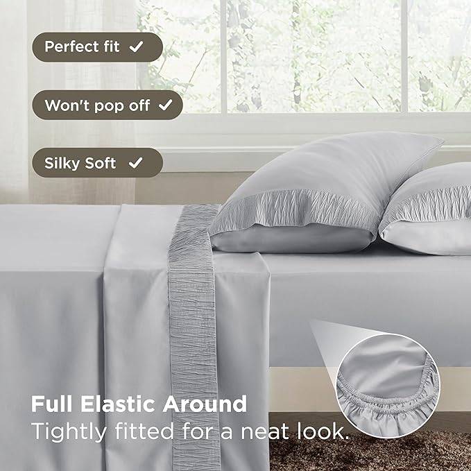 Bedsure Full Size Bed Sheets - 4 Pieces Soft Full Sheet Set - Breathable & Cooling - Hotel Luxury - Easy Care Polyester Microfiber Bedding for Women, Men, Light Grey