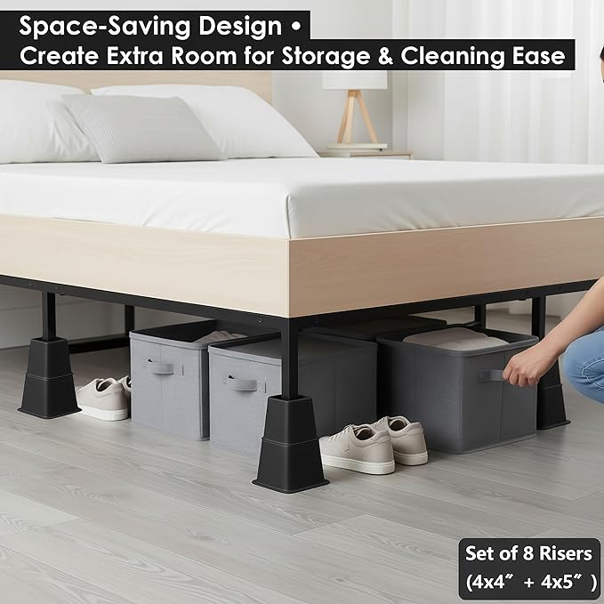 Bed Furniture Riser 4, 5 or 9 inches, Versatile Bed and Furniture Riser - Heavy Duty, Stackable, Supports 550 lbs Each Riser - Set of 8, Black