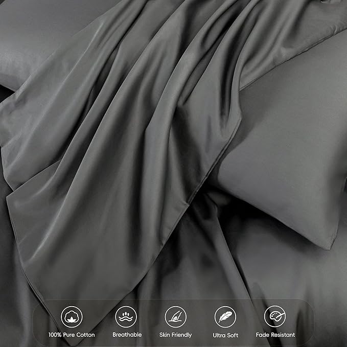 MooMee Duvet Cover Set 100% Extra Long Staple Cotton 600 Thread Count Silky Sateen Smooth Luxury Soft Breathable Durable Hotel Quality Bedding, 3 Pieces (Dark Gray,California King 104"x98")