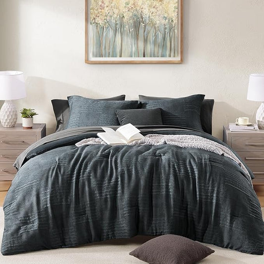 MaiRêve Full Size Comforter Sets Blue Grey, Textured Design Crinkle Bedding Sets 7 Pieces, All Season Bed in A Bag with Comforter, Sheets, Pillowcases & Shams
