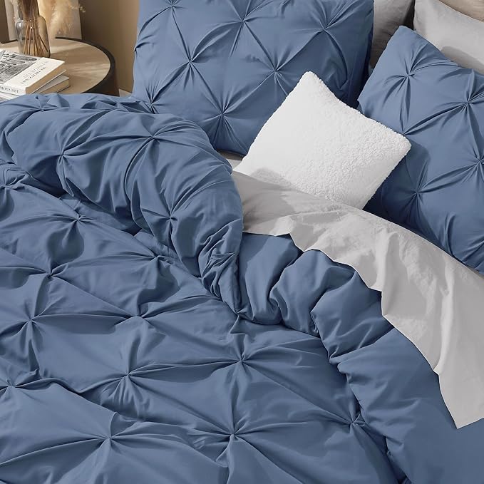 Litanika Ocean Blue California King Pinch Pleat Duvet Cover, 3 Pieces Pintuck Cover Soft Microfiber Bedding Set with Zipper Closure & Corner Ties(1 Duvet Cover, 2 Pillowcases)