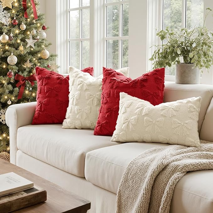 MIULEE Red Bow Pillow Covers Coquette Room Decor Aesthetic Set of 2 Decorative Cute Girl Valentine Throw Pillow Soft Plush Faux Pillowcase for Preppy Room Decor Bedroom Couch,18x18 Inch