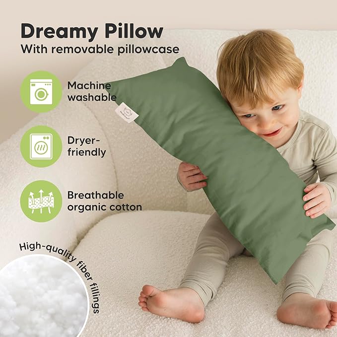 Toddler Pillow with Pillowcase - 10x18 My Little Dreamy Kids Travel Bed Pillows for Sleeping, Organic Cotton Small Pillowcase, Soft & Breathable, Machine Washable, Toddlers 2-5 years old(Jungle Green)