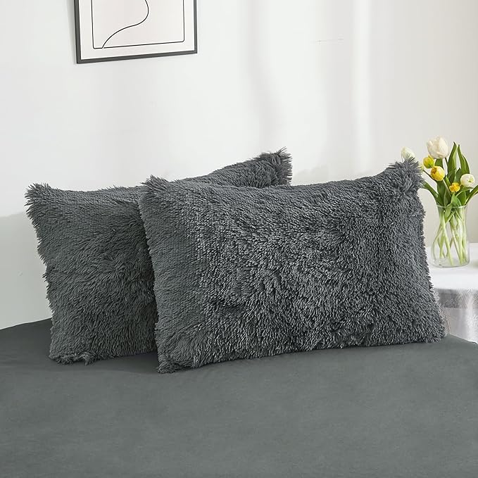 annadaif Plush Shaggy Duvet Cover, Dark Gray Fluffy Comforter Cover Set King Size, Fuzzy Faux Fur Bedding Set with Zipper Closure, Luxury Ultra Soft 3 Pieces (1 Duvet Cover, 2 Pillowcases)
