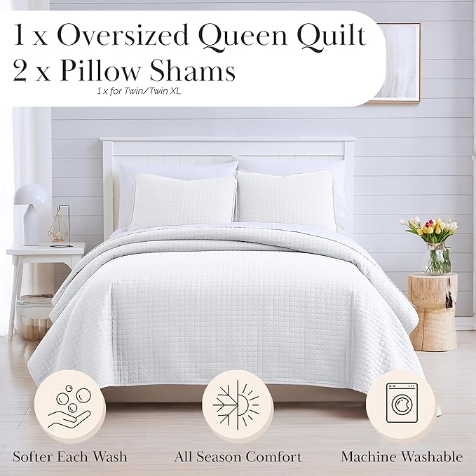 Southshore Fine Living, Inc. White Queen Quilt Bedding Set, Dual Fit Luxury Bedding Quilts, Queen Size Bedspread Coverlet, Full Size Quilted Comforter Bed Spread w/Pillow Shams, White Quilts