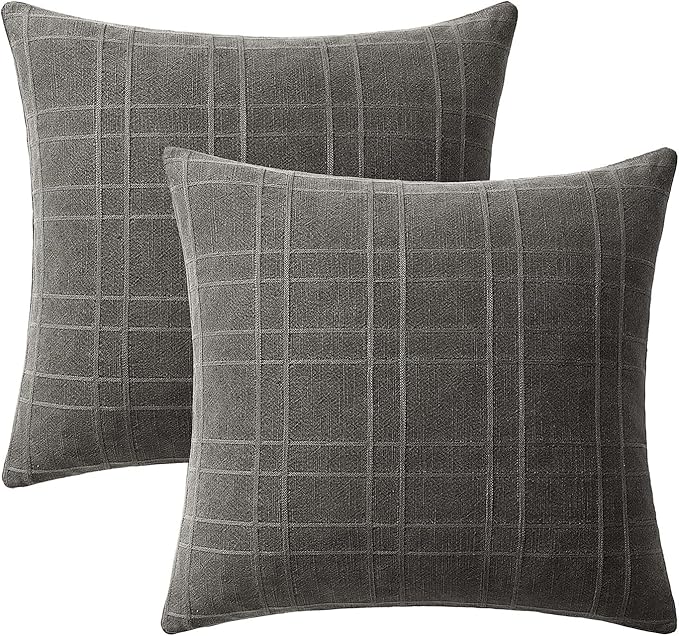 MIULEE Decorative Linen Check Lumar Throw Pillow Covers Neutral Farmhouse Vintage Pillow Covers 18x18 Inch Set of 2 Boho Modern Home Decor for Sofa Couch Bedroom Cushion Chair Charcoal Gray