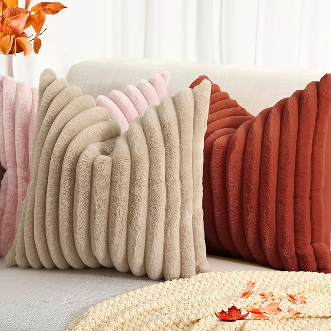 decorUhome Cozy Faux Fur Spring Throw Pillow Covers 16x16 Set of 2 Decorative Soft Plush Striped Modern Farmhouse Boho Couch Pillow Cases with Velvet Back for Sofa Bed Living Room, Rust