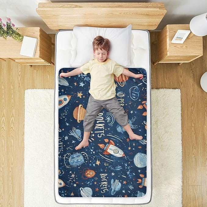 Waterproof Bed Pad Reusable Changing Pad Toddler Mattress Protector Large Pee Pad Baby Diaper Pad Soft Washable Liner Dark Blue Space Rockets Planets Stars