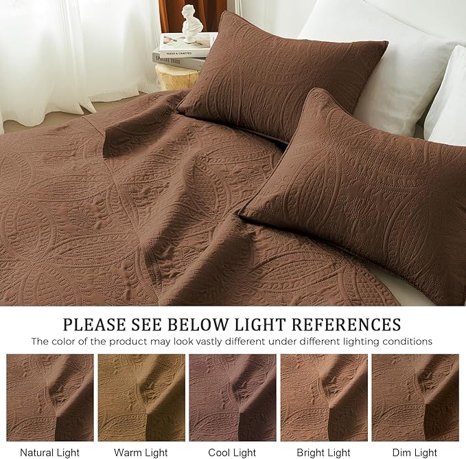 akkialla Full/Queen Quilt Bedding Set,Brown Ultrasonic Quilt Set,Lightweight Soft Bedspread Coverlet,Modern Style Coin Pattern Bed Cover for All Seasons,3 Piece(1 Quilt,1 Pillow Shams)