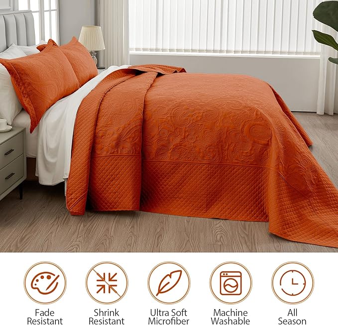 Qucover Oversized King Bedspreads 120x120, 3 Piece California King Quilts Oversized, Ultrasonic Quilting Soft Microfiber Lightweight Pumpking Cal King Quilt with Shams, Burnt Orange
