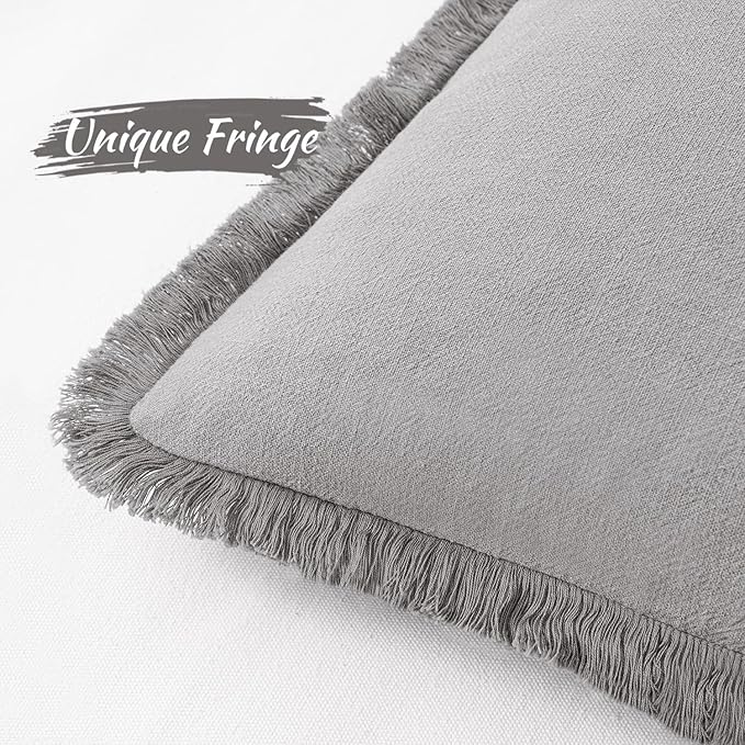 MIULEE Decorative Throw Pillow Covers Neutral Linen Fringe Throw Pillows Set of 2 Light Grey Boho Farmhouse Cushion Covers with Tassels for Couch Sofa Bed Living Room Spring Home Decor 18x18 Inch