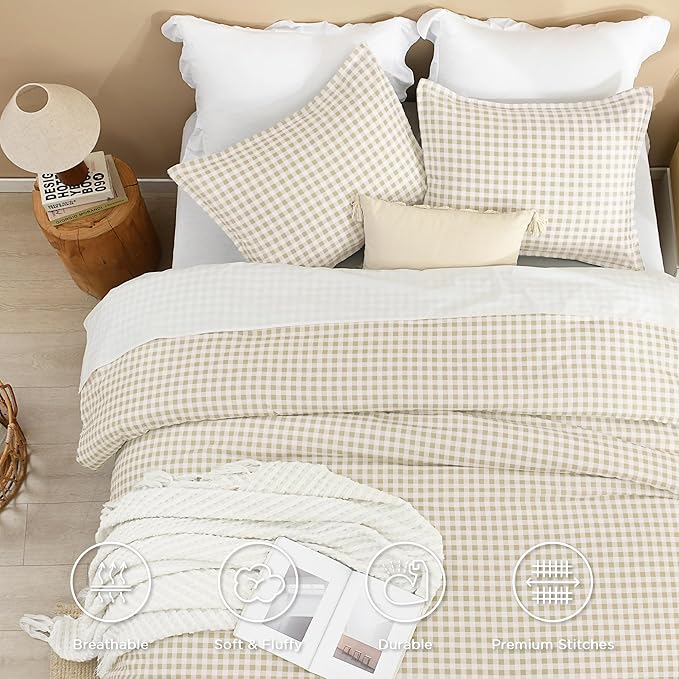 Andency Beige Gingham Comforter Set Queen(90x90Inch), Cream Checkered Grid Plaid Buffalo Bed Set for Girls Boys Kids Teens, 3 Pieces Lightweight Microfiber Geometric Preppy Bedding