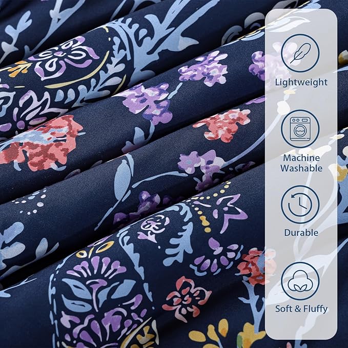 Yiran Navy Floral Comforter Set Queen Size, 7 Piece Blue Botanical Flowers Comforter Bedding Set, Bed in a Bag Queen, Soft Microfiber Complete Bedding Set with Sheets for All Season