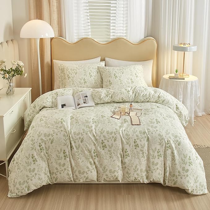 HighBuy 3 Pieces Duvet Cover Twin White Duvet Cover with Green Floral Print,Coquette Soft Cotton Comforter Cover Boho Style,Aesthetic Twin Bedding Set with Zipper Closure 4 Ties,All Season