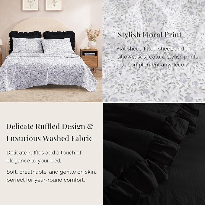 Queen Comforter Set - 7 Pieces Ruffle Black Bedding Sets, Shabby Chic Farmhouse Bed in a Bag Queen with Ruffle Comforter, Floral Sheets, Pillowcases & Shams