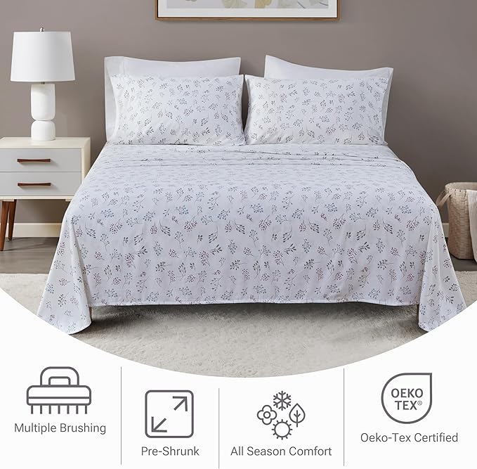 True North by Sleep Philosophy Flannel Sheets King Size, Cozy 100% Cotton Flannel Bed Sheets, Ultra Soft Sheet Set, Novelty Print Themed Cold Weather Warm Bedding Set, White Tossed Botanical, 4 Piece