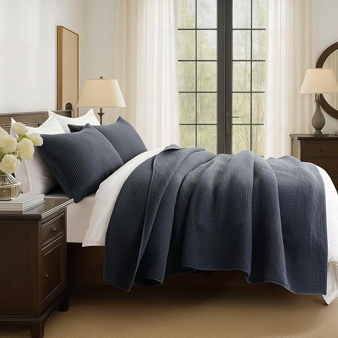EVERGRACEHOME Cotton Coverlet Set Full Queen Size 3 Pieces, Lightweight Soft Ribbed Matelassé Bedspread Quilt Set, Cozy Oversized Quilted Bedding Set with 2 Pillow Shams for All Seasons, Midnight Blue
