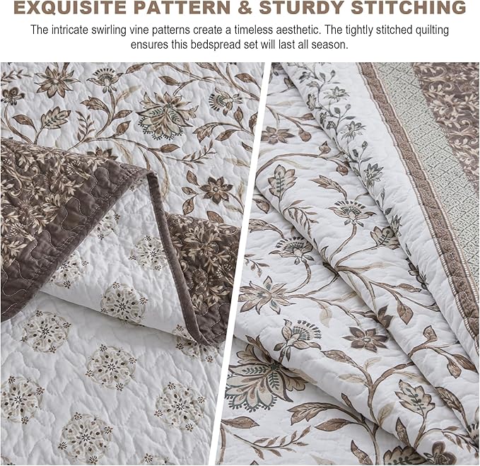 Oversized Queen Bedspreads 120"x102" - 100% Cotton Super King Quilt, Farmhouse Brown Floral Pattern, Extra Large Quilted Coverlet, Lightweight Reversible XL Bedding Set, 3 Pcs