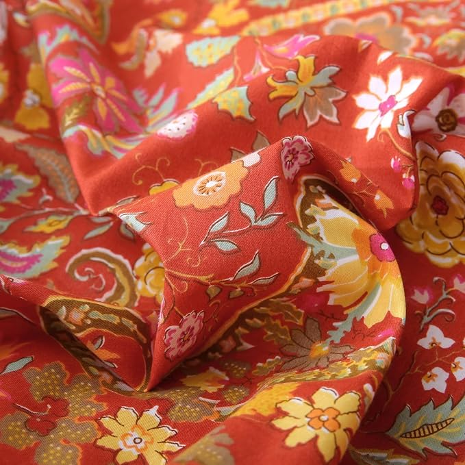 ABREEZE Paisley Bedding Sets 3Pcs Brushed Cotton Duvet Cover Set Twin Size Rustic Damask Red Floral Comforter Cover with Zipper Closure Boho Bedding Collections