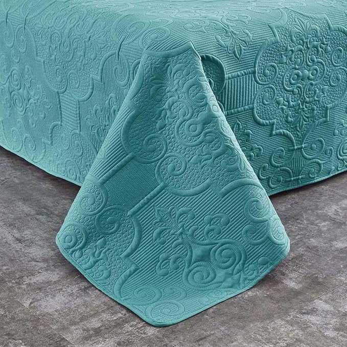 CHIXIN Quilt Twin Size - Damask Paisley Bedspread Coverlet Set - Classic & Gorgeous Style Bedding Cover, Ultrasonic Quilting, Reversible, Lightweight, 4 Piece, Lagoon