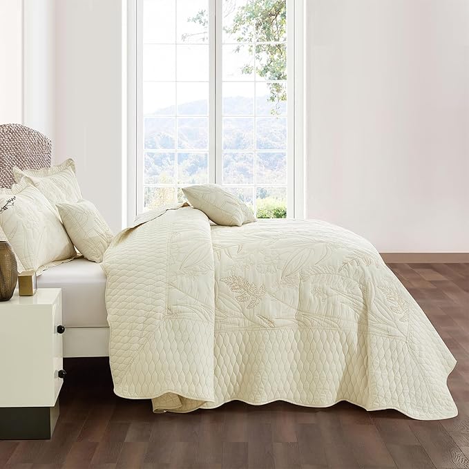 Botanical Bedspread Full Size - Leaves Pattern Stitching Quilt Set - Elegant & Fresh Style Bedding Coverlets, Reversible, Lightweight, 5 Piece, Ivory