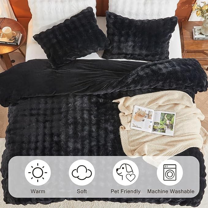 EMME Faux Fur Duvet Cover Twin Size, 2 Pieces Ultra Soft Fluffy Comforter Cover, Cozy Warm for Winter, Luxury Elegant Shaggy Bubble Design Bedding, 1 Duvet Cover & 1 Pillow Shams (Twin, Black)