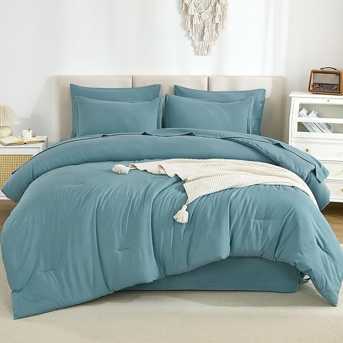 Litanika Oversized King Comforter Sets Grayish Teal - 7 Pieces Bed in a Bag Oversized King Bedding Comforter Sets, Solid Lightweight Bed Set with Comforter, Sheets, Pillowcases & Shams