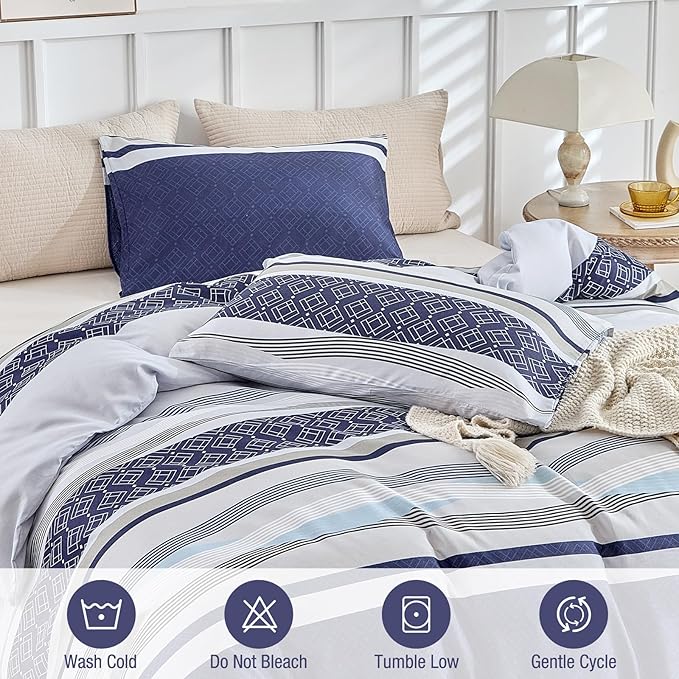 Lekesky Boho Duvet Cover Queen, 3 Pieces Blue Striped Duvet Cover Set Soft Bohemian Bedding Aztec Comforter Cover Set Queen Size with Hidden Zipper & Corner Ties (1 Duvet Cover 90x90 inches)