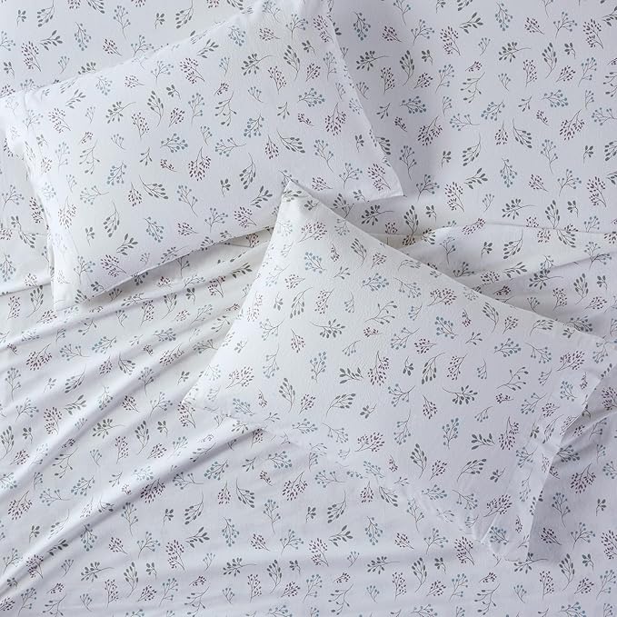 True North by Sleep Philosophy Flannel Sheets Cal King, Cozy 100% Cotton Flannel Bed Sheets, Ultra Soft Sheet Set, Novelty Print Themed Cold Weather Warm Bedding Set, White Tossed Botanical, 4 Piece