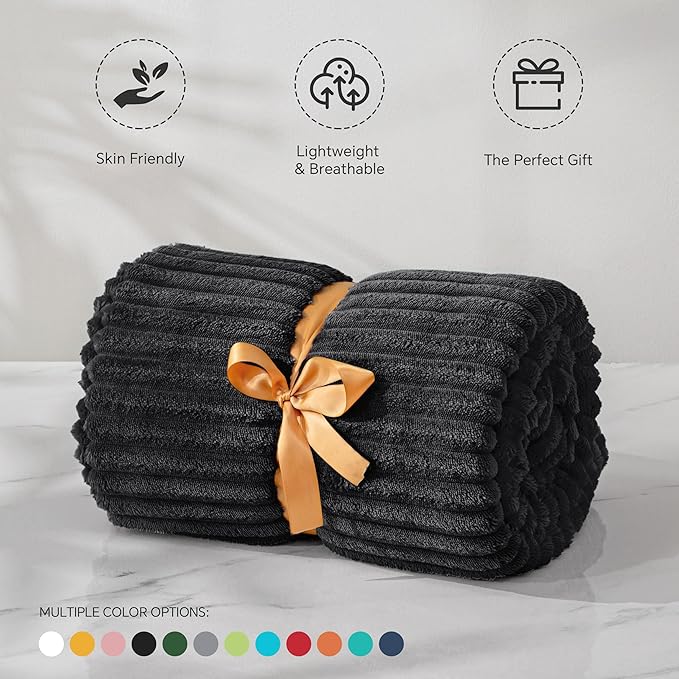 BEDELITE Fleece Blanket - 3D Ribbed Jacquard Decorative Black Throw Blankets for Men & Women, Lightweight Warm Cozy Soft Fuzzy Blankets All Seasons Suitable 50x60 inches