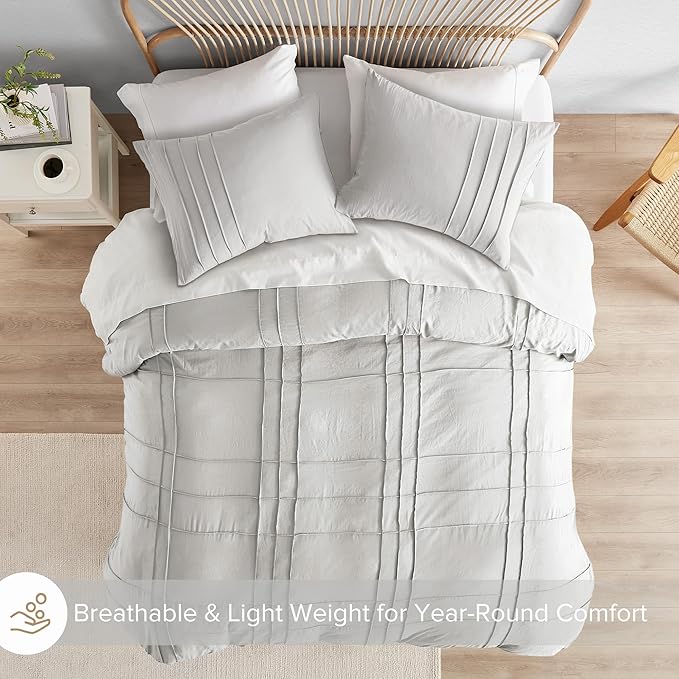 Comfort Spaces Silver Queen Size Duvet Cover Set - 3-pc Pintuck Pleated Duvet Cover Queen, All Season Lightweight, Extra Softness Pre-Washed Microfiber Queen Bed Cover Shams, Queen