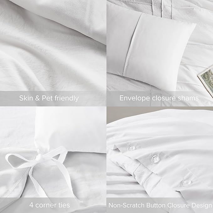 Comfort Spaces White Full Size Duvet Cover Set - 3-pc Pintuck Pleated Duvet Cover, All Season Lightweight, Extra Softness Pre-Washed Microfiber Full Bed Cover Shams, Full
