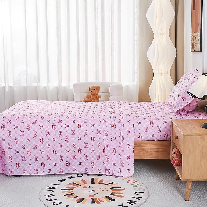 Kids Sheet Set Twin Size, Twin Sheet Set with Pink Cherry Pattern，Breathable Silky Soft Microfiber Kids Fitted Sheet