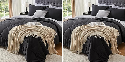 BEDELITE Queen Comforter Set 7 Pieces Bed in A Bag - Soft Microfiber Reversible Black Bed Set with Comforters, Sheets, Pillowcases & Shams, Cozy Luxury Bedding Sets for All Season (Pack of 2)