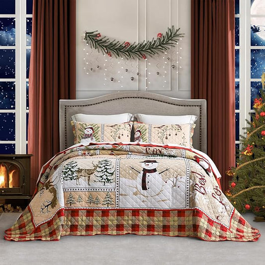 HZ & HY Christmas Oversized Bedspread Queen Size, Winter Snowman Pattern Bedding Quilt, Rustic Lodge Plaid Patchwork Comforter Set, Lightweight & Soft Microfiber, 3 Piece, Queen