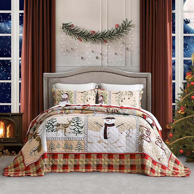HZ & HY Christmas Oversized Bedspread King Size, Winter Snowman Pattern Bedding Quilt, Rustic Lodge Plaid Patchwork Comforter Set, Lightweight & Soft Microfiber, 3 Piece, King/Cal King